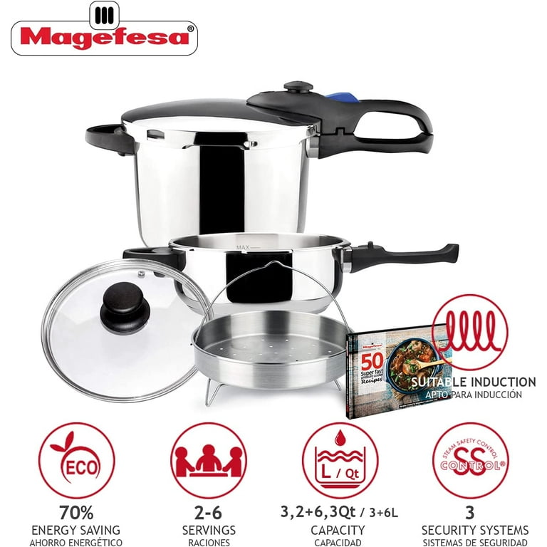 MAGEFESA ® Favorit Six Super-Fast pressure cooker, 3.2 + 6.3 Quart,  stainless steel, suitable induction, heat diffuser bottom, 5 safety systems