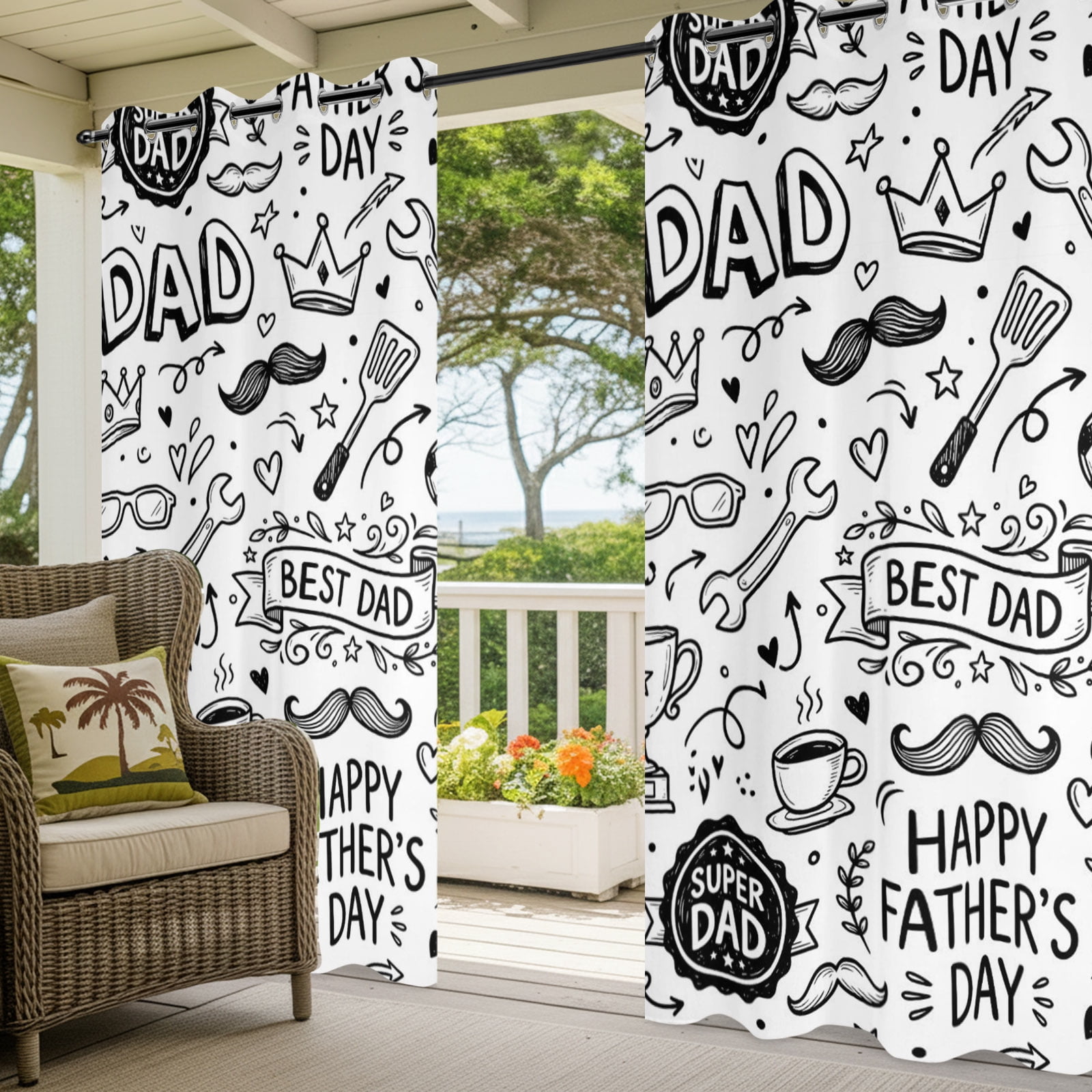 Father's Day Outdoor Curtains for Patio, Beard Baseball Football Tool Cartoon Sunshade Privacy Drapes Grommet Waterproof Outside Curtains for Porch/Cabana/Balcony 54"x 108", 1 Panel