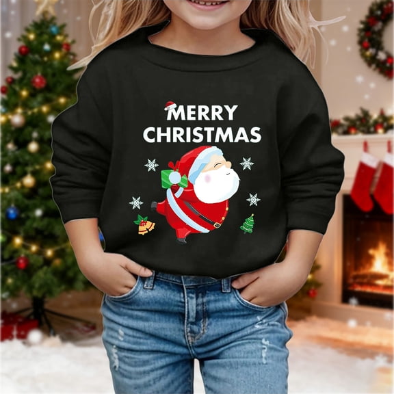 Boys Sweatshirts Girls Christmas Print Crew Neck Hoodless Sweatshirt Long Sleeve Pullover Black 3-4 Years