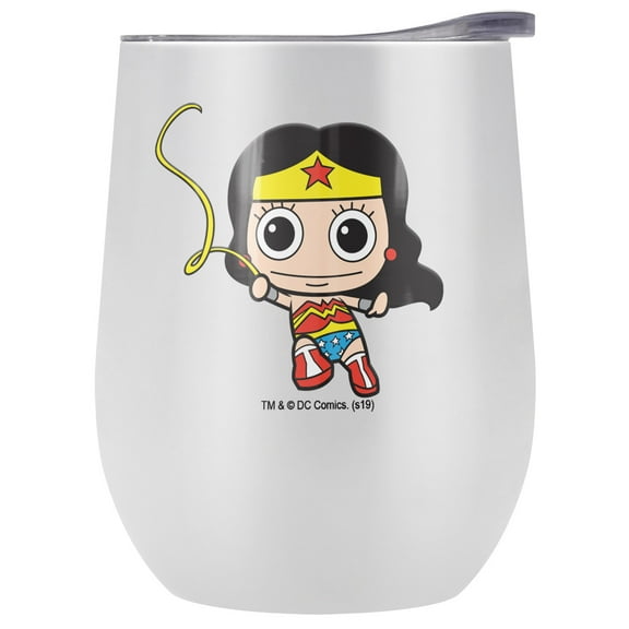 Wonder Woman Official Cute Chibi Golden Lasso 12 OZ Stemless Wine Tumbler, Stainless Steel Travel Cup|Lake Tumbler|Insulated with Leak Resistant Slide-Lock Lid, White