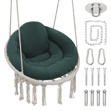 Patio Macrame Hammock Swing Chair Garden Hanging Cotton Rope Green Cushion Seat