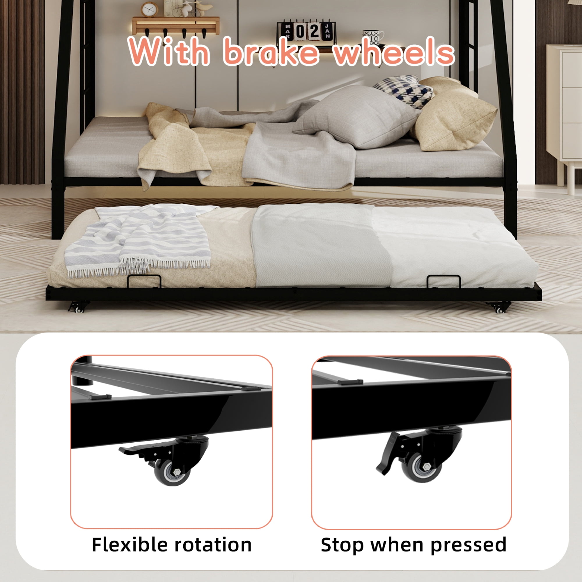 Leumius Metal Twin over Full Bunk Bed with Trundle, Space Saving Bunk Bed Frame with Ladder and Guardrails for Dorm, Apartment,Black