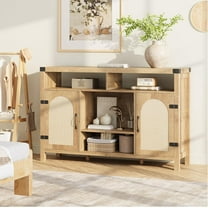 Wine Cabinet, 59.1" Rattan Farmhouse Liquor Cabinet with Wine Racks, Boho Sideboard Buffet with Storage, Coffee Bar Cabinet for Living Room, Dining Room, Entryway - Natural