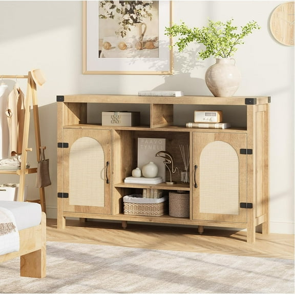 Wine Cabinet, 59.1" Rattan Farmhouse Liquor Cabinet with Wine Racks, Boho Sideboard Buffet with Storage, Coffee Bar Cabinet for Living Room, Dining Room, Entryway - Natural