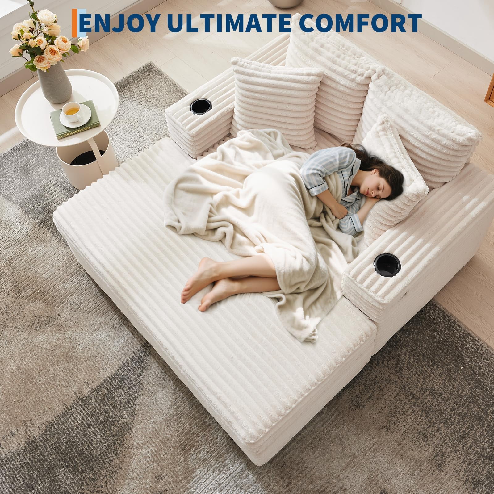 Oversized Corduroy Chaise Lounge Chair with Cup Holder & USB Charging Port, 54" Wide Plush Sofa with High-Density Foam & Supportive Springs for Living Room