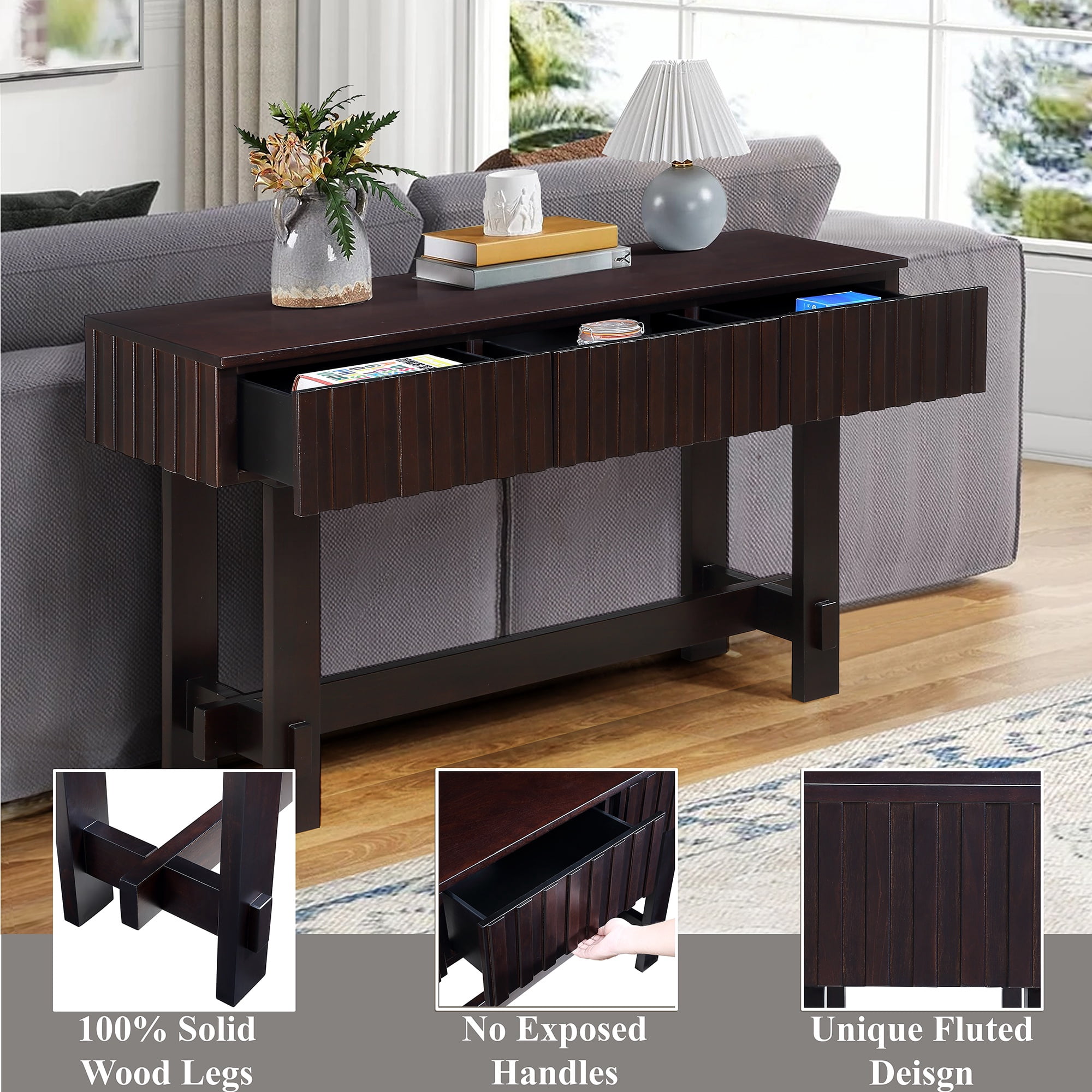 PORKISS Solid Pine Wood Console Table, Entryway Table Hallway Table with 3 Drawers, Retro Sofa Table for Living Room, Foyer, Espresso