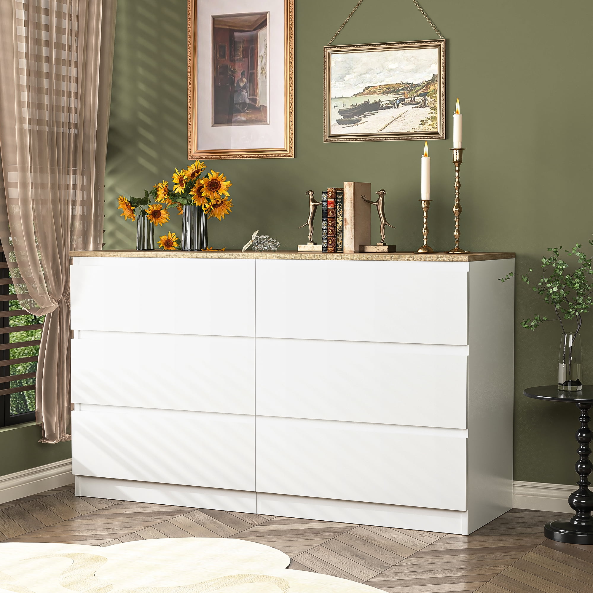 Kadyn Chest of Drawer, 6 Drawer Dresser for Bedroom, Natural Top Nursery Dresser,White