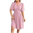 thumbnail image 3 of Ahuyic Womens Casual Dress,Womens Plus Size Dress,Womens Summer Solid Color V Neck Short Sleeve Dress,Pink,M, 3 of 5