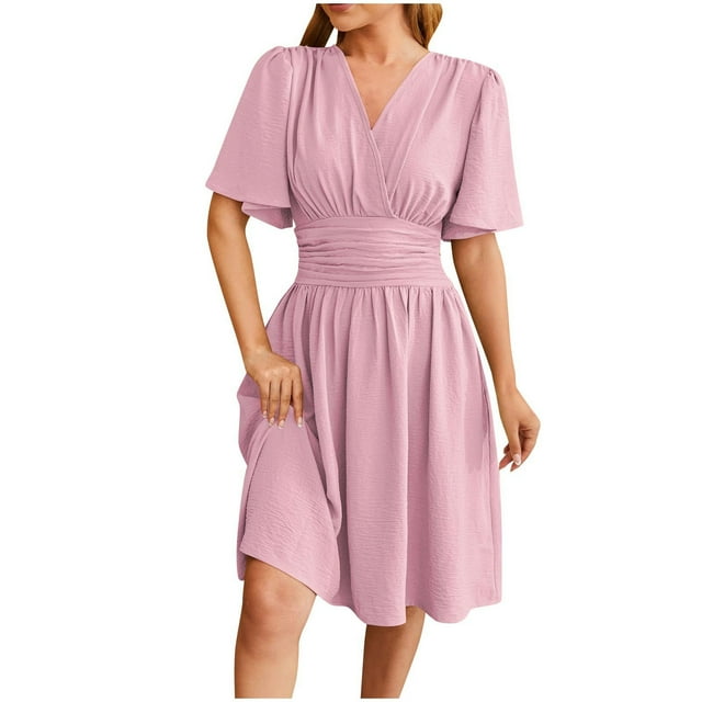 hotojiny Robes d'Été pour Femmes 2025 Froncée Ligne A Portefeuille Robe Midi Décontractée à Manches Courtes Col en V Robe Fluide pour Plage Vacances