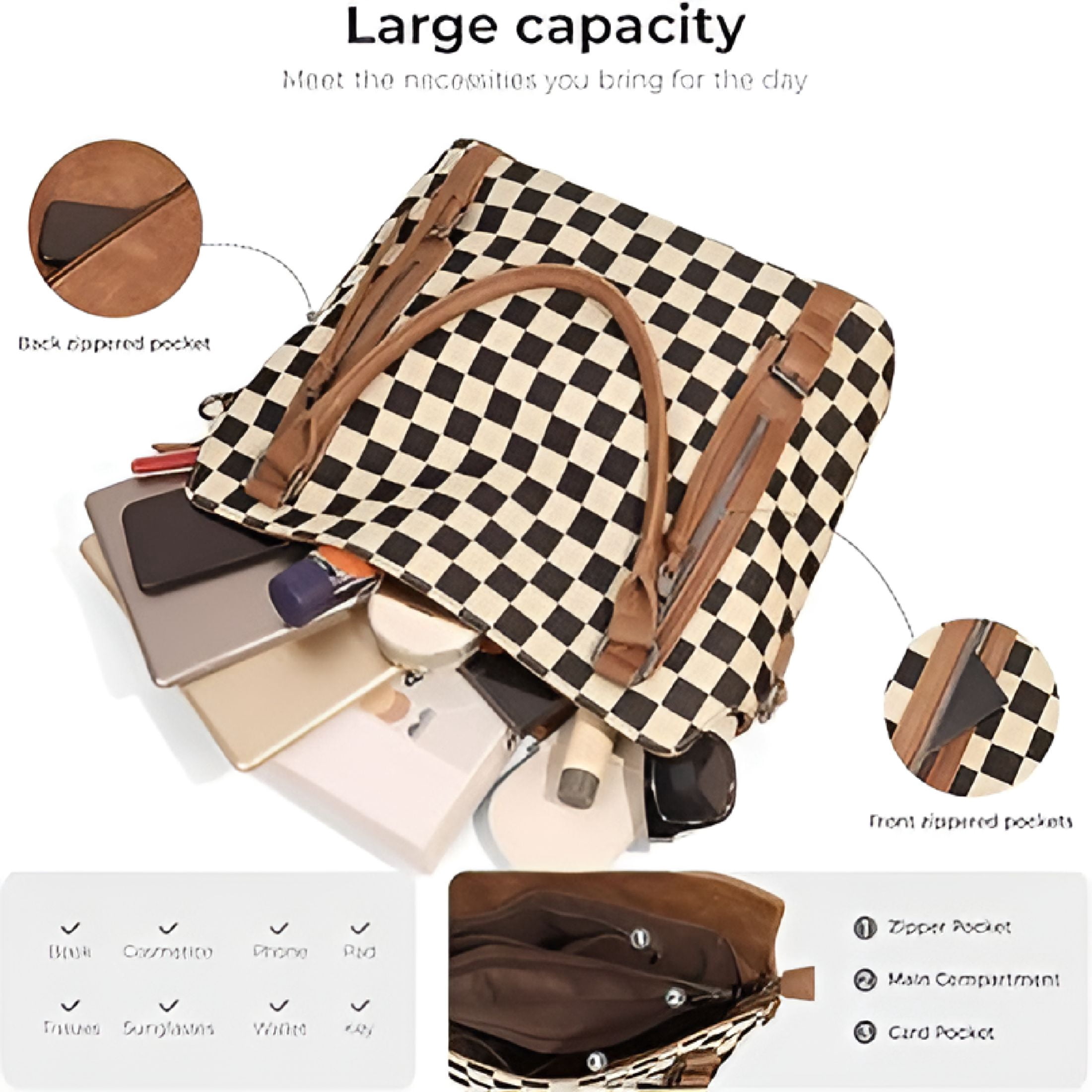 AOMRCOL Checkered Large Purses for Women Vintage Tote Bag for Women Shoulder Bag Multiple Pockets Tote Handbags