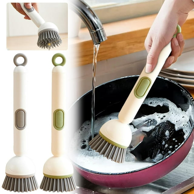 Cepillo de Cocina de Mango Largo con Dispensador de Líquido, Multifuncional, Antiadherente, Giratorio, para Aceite y Ollas | Mango Ergonómico | Dispensador de Líquido | Limpieza Versátil | Acción Gir