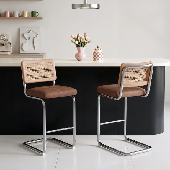 Hawsaiy Rattan Bar Stools Set of 2, 26" Counter Height Bar Stools with Solid Wood & Cane Back, Upholstered PU Leather Kitchen Island Stools with Chrome Metal Legs & Footrest, Brown