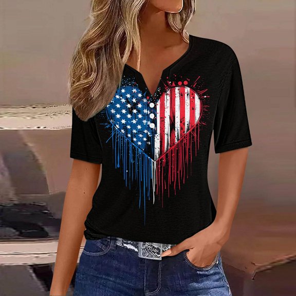 QUNYINEY Women's Shirts Independence Day Casual Short Sleeve V Neck Tops Button Loose Summer Pullover Women Tops