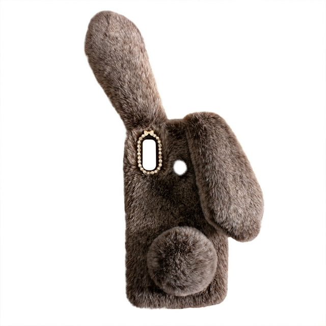 Brown Plush Rabbit Design Phone Case Fashion Rhinestone Phoho Shell Winter Keep Warm Shockproof Cover Compatible with Salaxy A20/A3 Brown