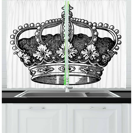Queen Curtains 2 Panels Set, Antique Royal Crown Kingdom Emperor Ruler Czar Symbol Monarchy Authority Icon, Window Drapes for Living Room Bedroom, 55W X 39L Inches, Black and White, by