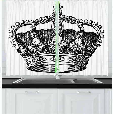 Curtains For Black And White Living Room Queen Curtains 2 Panels Set, Antique Royal Crown Kingdom Emperor Ruler Czar Symbol Monarchy Authority Icon, Window Drapes for Living Room Bedroom, 55W X 39L Inches, Black and White, by Ambesonne ()