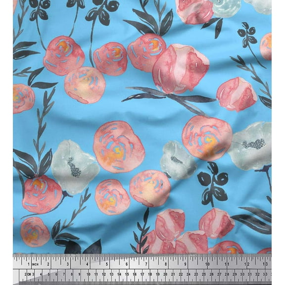 Soimoi Blue Cotton Duck Fabric Leaves & Peach Floral Watercolor Print Sewing Fabric BTY 42 Inch Wide