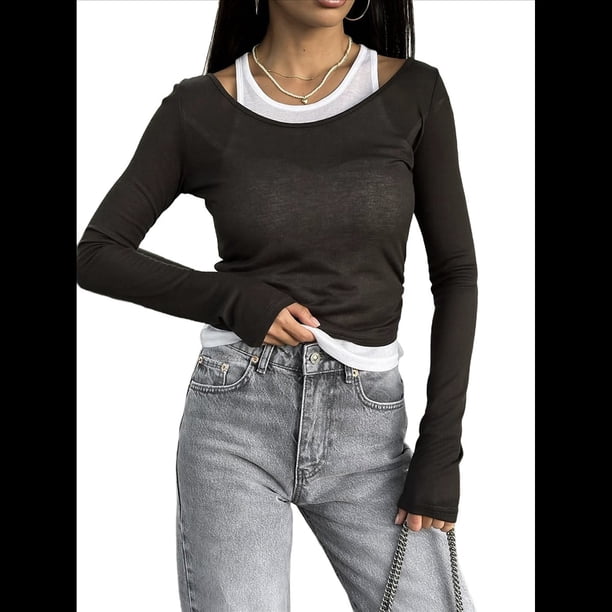 Camisetas de Larga con Cuello Redondo para Mujer, Informales, de Dos Piezas, Ajustadas, de Punto Acanalado, para Verano y Otoño. Negro M