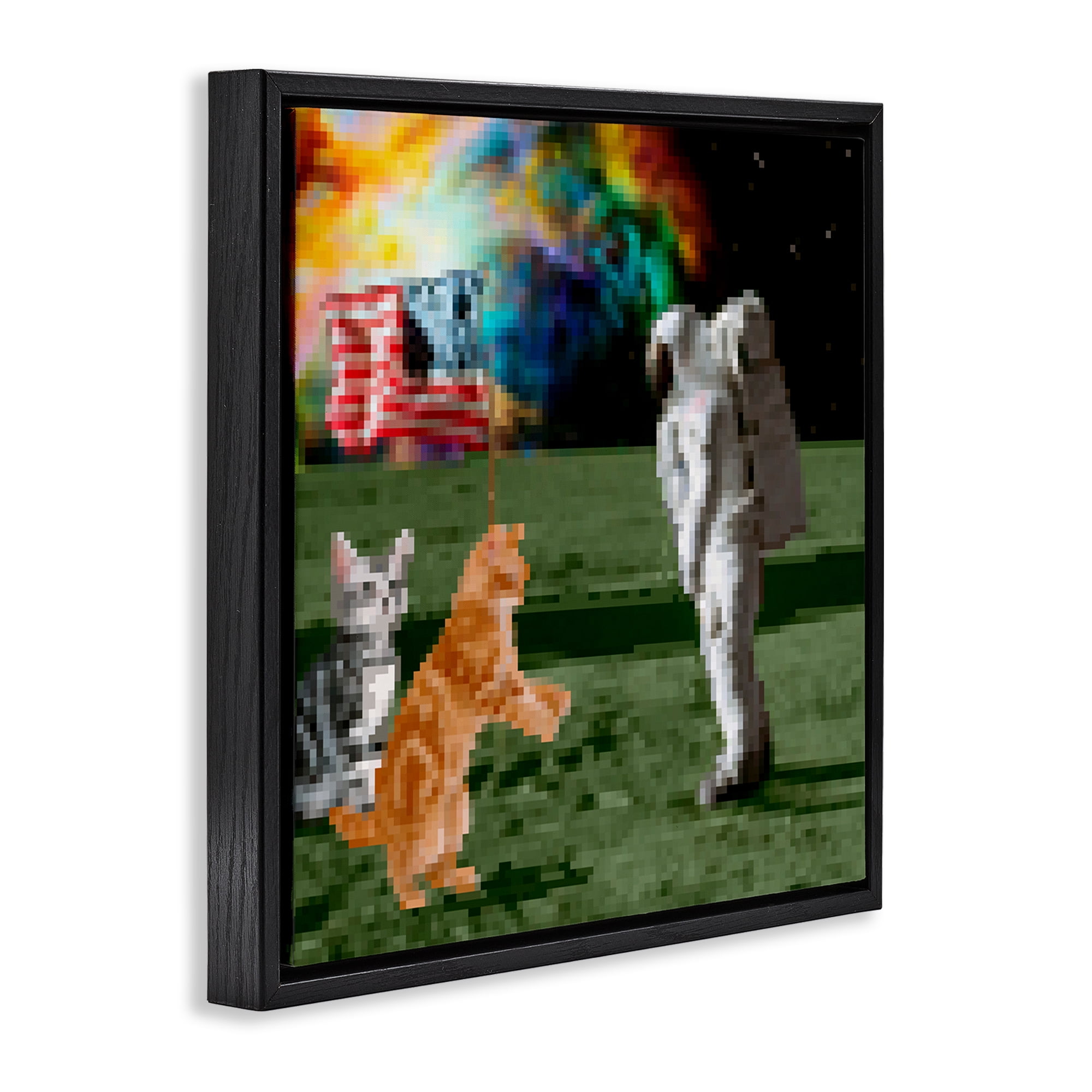 Stupell Industries Pixel Cats & Astronaut Novelty & Humor Painting Black Floater Framed Canvas Art Print Wall Art, 18 x 18