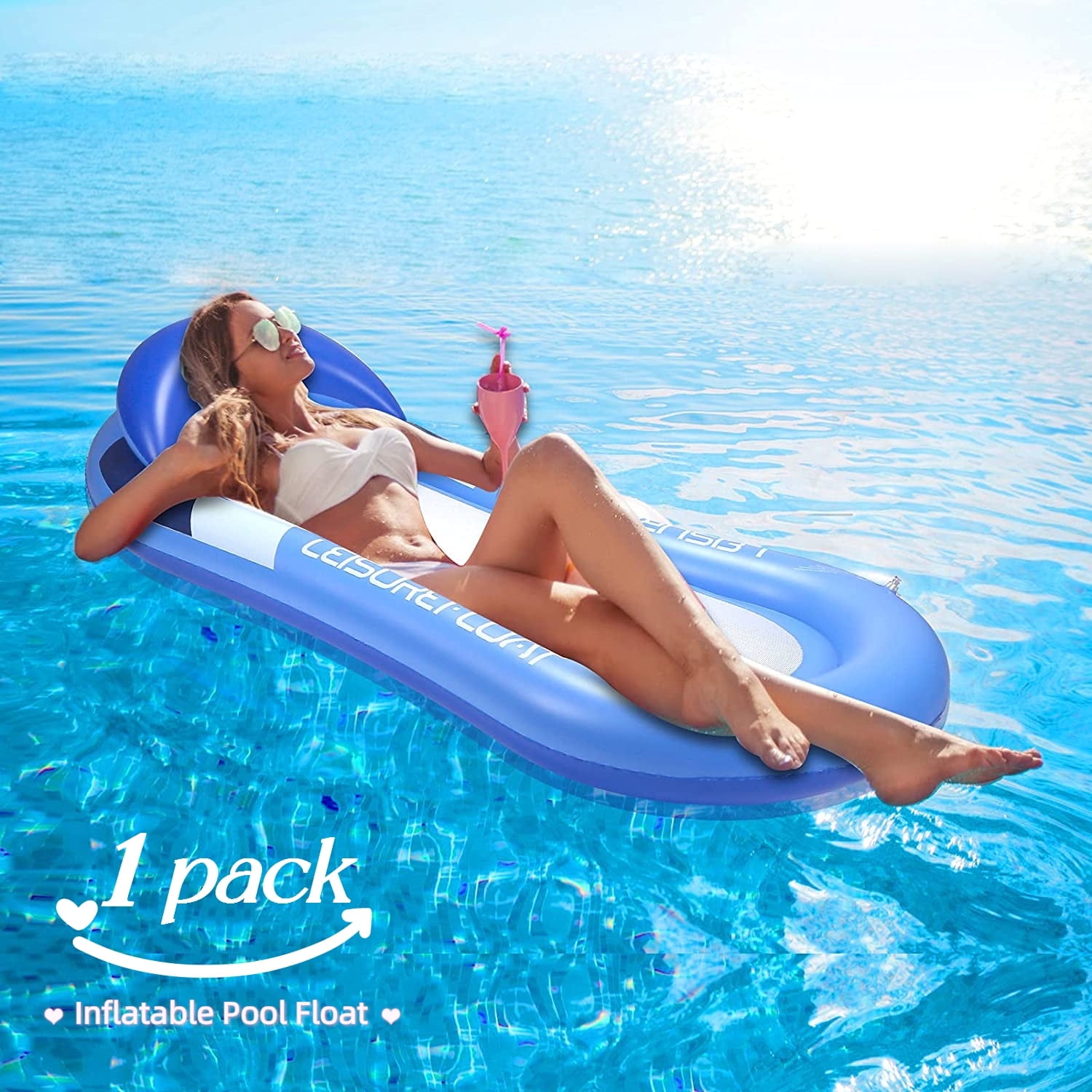Inflatable Pool Floats Raft, Floating Pool Lounger, Water Hammock Lounge with Headrest, Inflatable Pool Floaties Contour Lounger, Swimming Pool Chair Bed with Mesh, Beach Toy for Adults (Blue)