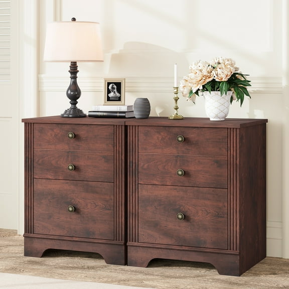Traditional Side Table Set of 2, End Table with Two Sliding Large Drawers for Bedroom, Rustic Brown