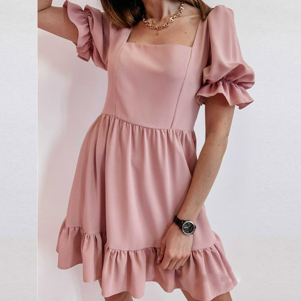 UHUYA Womens Dresses Casual Sexy Fashion Summer Square Neck Chiffon Polka  Dot Short Skirt Lantern Sleeve Dress Pink M