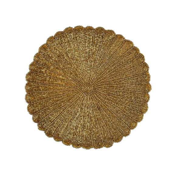 Scalloped Embroidered PlacematColor: GoldSet of 2Size: 13.5" Round