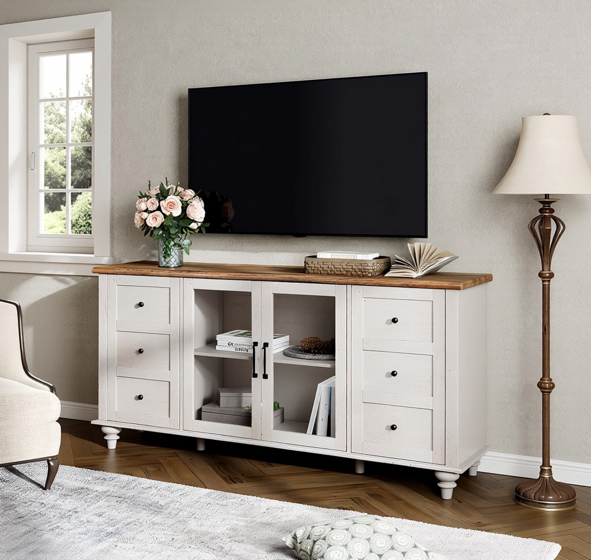 TV Stand with Glass Door for 65 Inch TV, Wooden Television Stands for Living Room, Off White