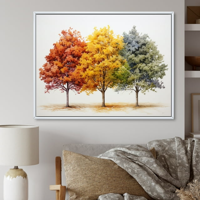 Designart Large Tree Maple framed wall Art, Seasonal Tapestry Orange Yellow Maple Tree I , Tree maple framed wall art decor, Orange Traditional White Framed Wall Art, White Color Frame