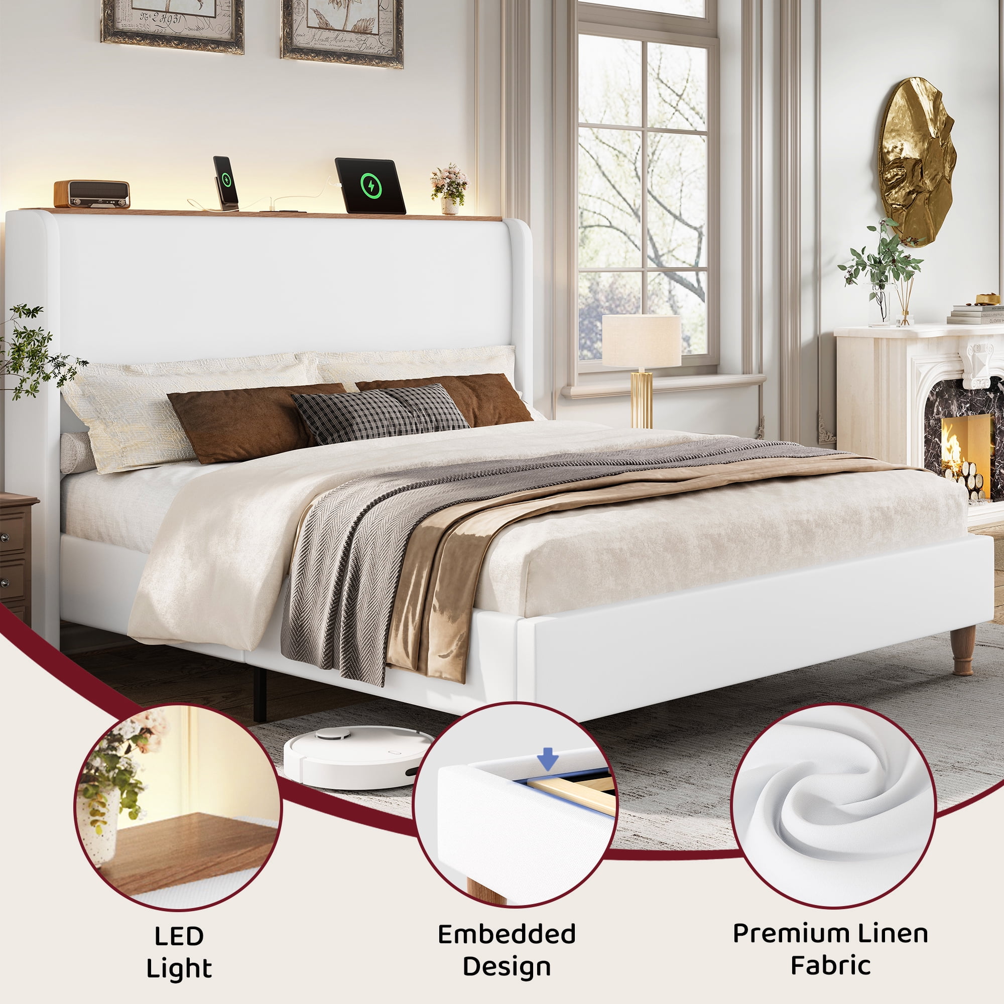 Breltam Upholstered Platform Bed with Wingback Headboard, Queen Size Bed with LED Lights and Charging Station, White