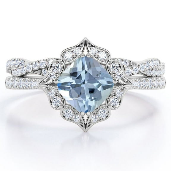 JeenMata Flower Cluster 1.75 Carat Cushion Cut Ocean Blue Created Aquamarine and Moissanite Infinity Pave Bridal Ring Set in 18K White Gold Plating over Silver
