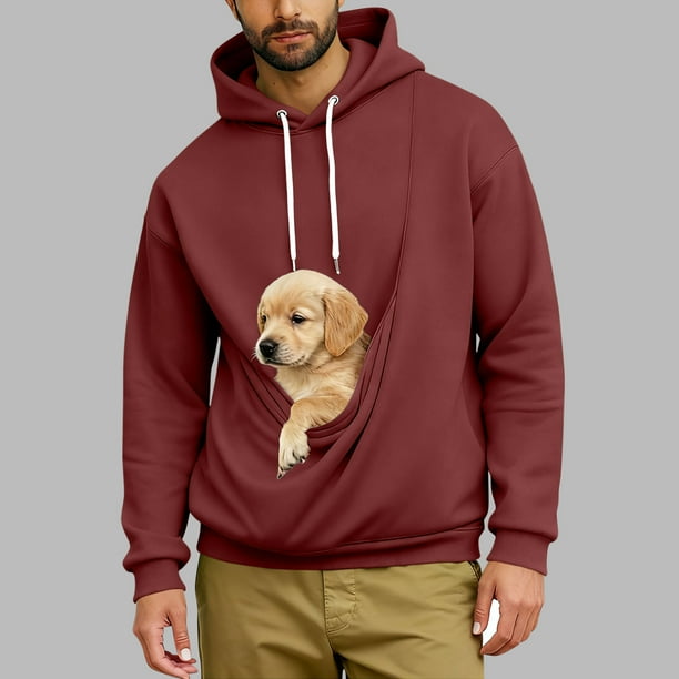 Ceisia Men's Loose Fit Hooded Sweatshirt with Large Pet Pocket & Puppy Print for Casual Wear Wine S Gifts