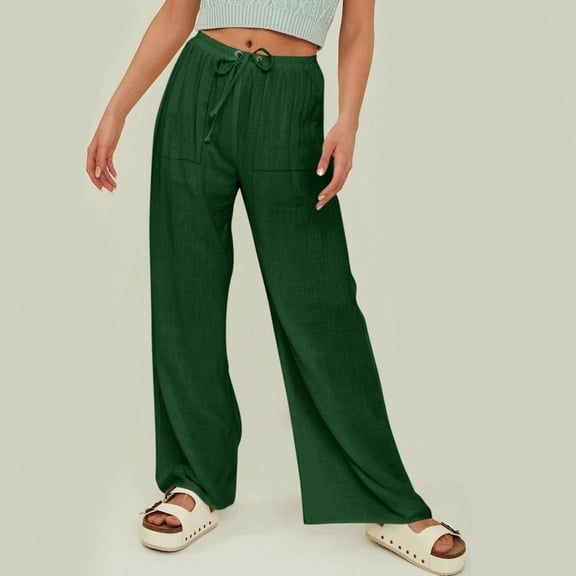 IDALL Linen Pants Women Wide Leg Pants Woman Women Cotton Summer Wide Leg Casual Loose Drawstring High Waist Palazzo Pants Trousers With Pockets Lounge Pants Women Summer Pants Green M