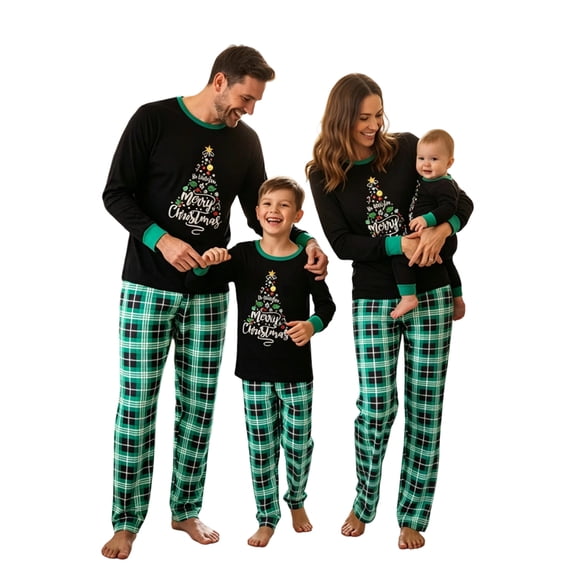 Stralyhd Christmas Family Matching Pajamas Set Funny Xmas Tree Print Long Sleeve Tops and Plaid Pants Matching Outfits for Holiday