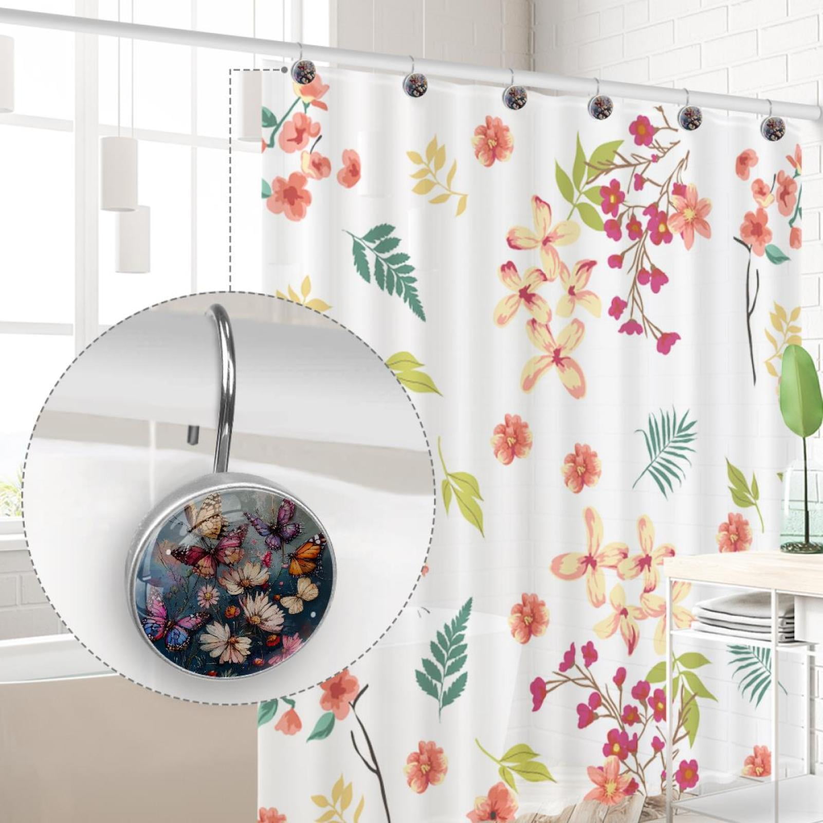 Butterfly White Daisy Wildflower Shower Curtain Hooks Round Crystal Glass, Set of 12 Shower Curtain Rings - Shower Hooks for Curtain Shower Rings