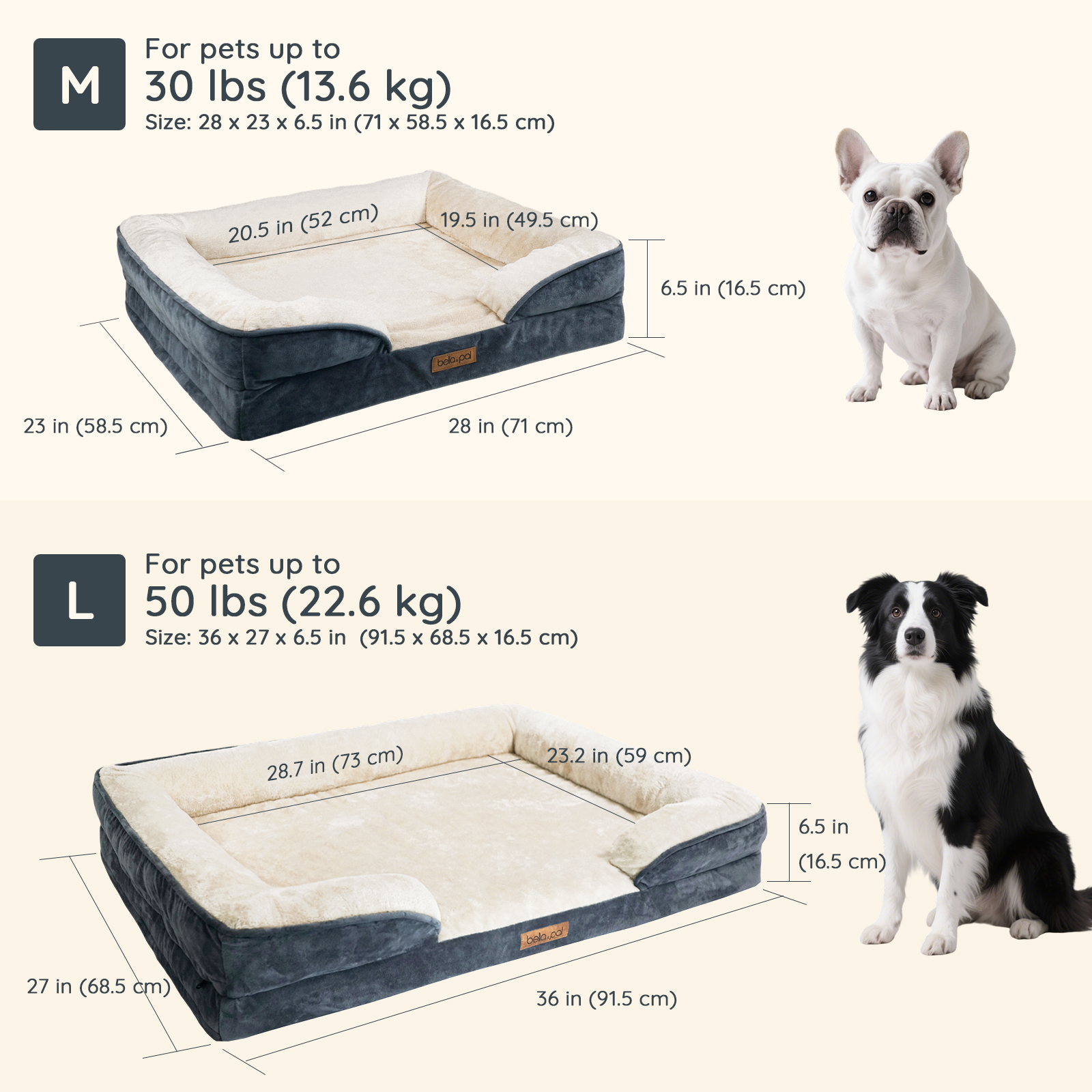 BELLA & PAL Orthopedic Dog Bed for Large Medium Dogs – No Assembly Needed, Egg-Crate Foam Dog Couch with Waterproof Liner, Washable Removable Cover, Non-Slip, 36"x27"x6.5", Gray