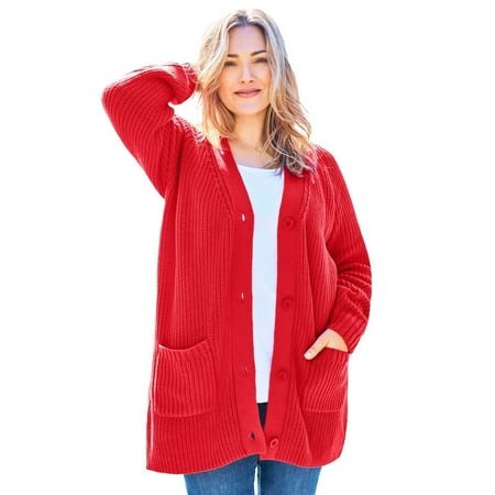 Woman Within Women's Plus Size Button-front Shaker Cardigan Color: Vivid Red Size: 2X