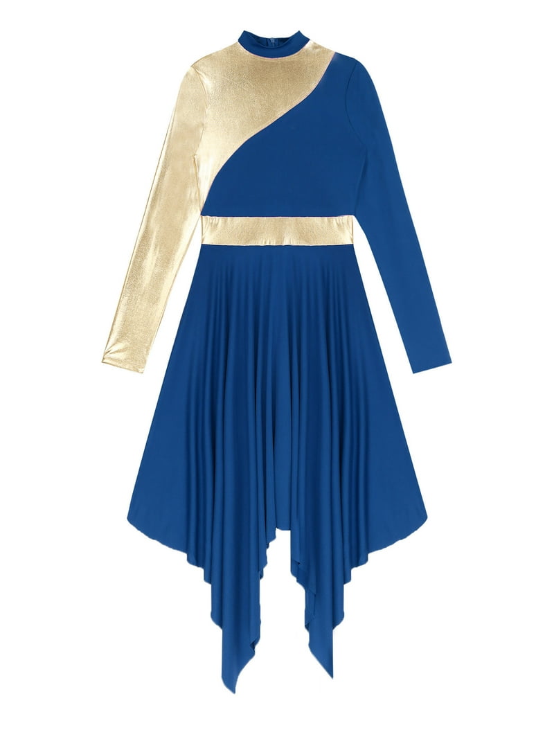 blue and gold praise dance dress Doomiva Women Metallic Gold Praise Dance Dress Full Length Liturgical Lyrical Dancewear Worship Dress Blue S