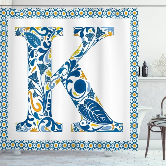 Ambesonne Letter K Shower Curtain, Leaves Blooms Initial, 69"Wx75"L, Blue Yellow Orange