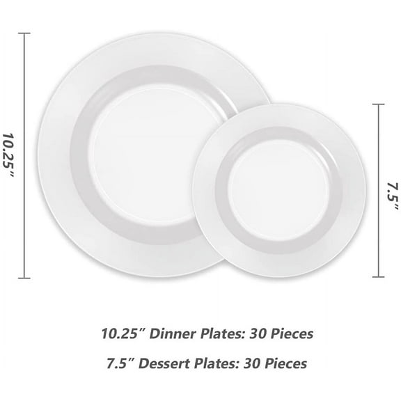 RFGBRG-60PCS White Disposable Plastic Plates, Heavy Duty Plates for Wedding/Party, 30PCS Dinner Plates 10.25’’ and 30PCS Dessert/Salad Plates 7.5’’, White Plates for Party Event