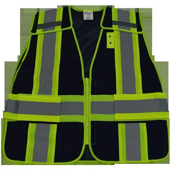 Petra Roc  2 in. Navy Blue Mesh & Lime Green Contrast Expandable 5 Point Breakaway Vest Silver Reflective Tapes 2 Pockets Mic-Tabs, Regular Small & Extra Large
