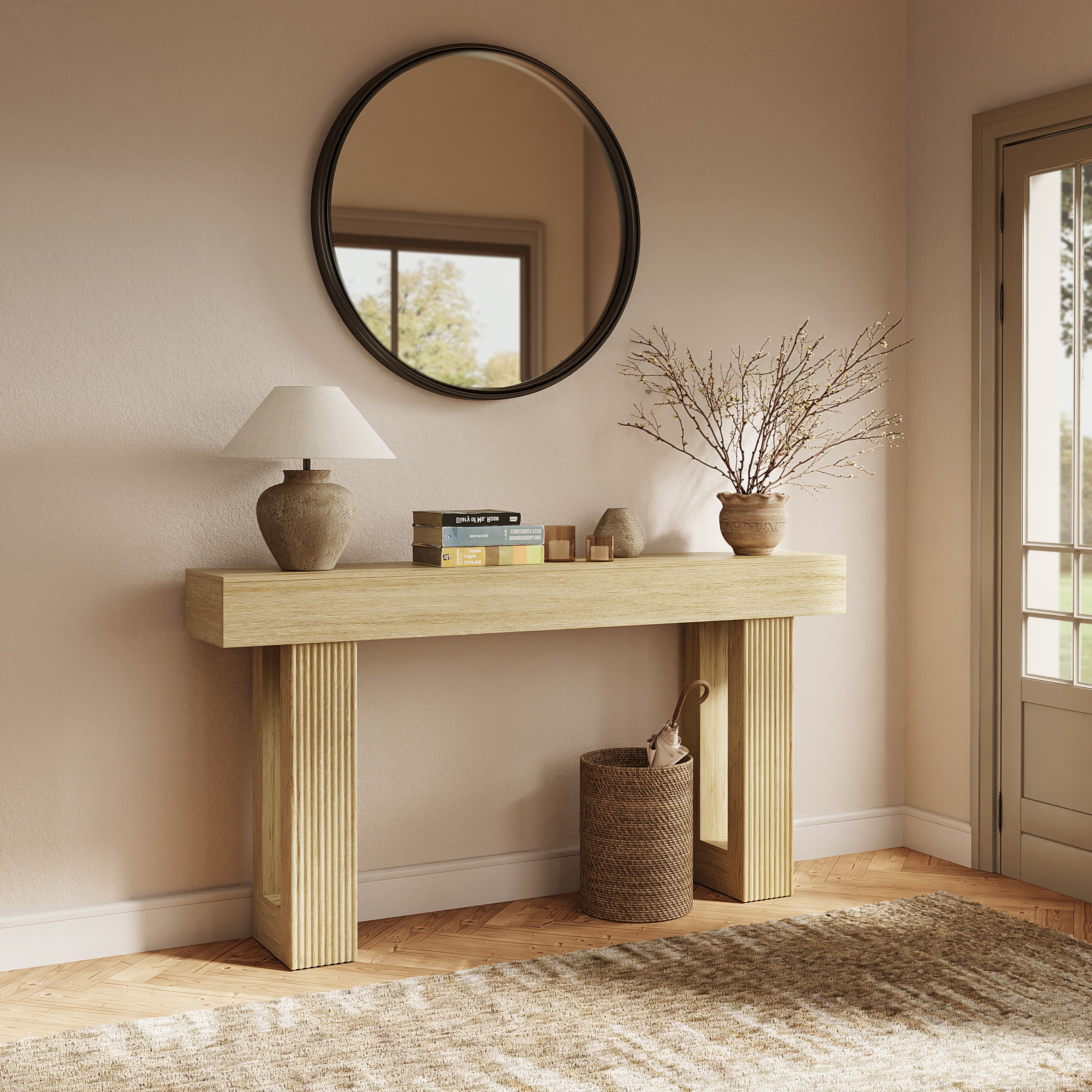 CHIC HOUSE 63" Fluted Entryway Console Table, Farmhouse Long Narrow Wooden Sofa Table Behind the Couch for Living Room, Hallway, Entrance, Foyer, Natural Oak
