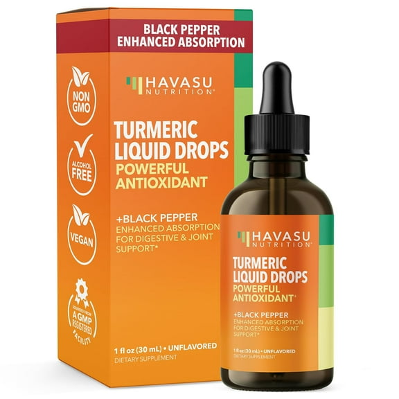 Havasu Organic Liquid Turmeric Curcumin with Black Pepper Supplement, Turmeric Drops Unflavored, 30 ml