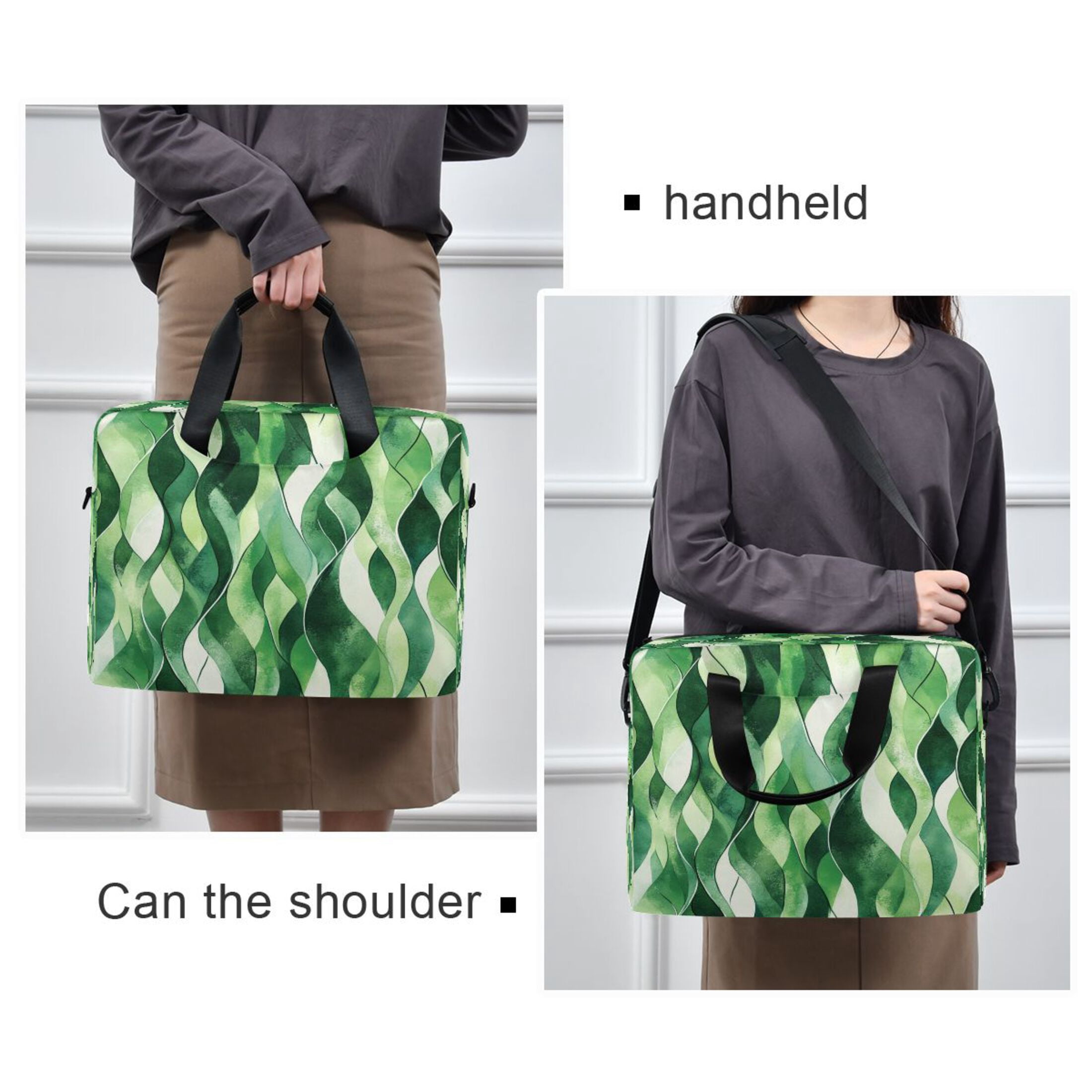 16" Laptop Tote Bag Laptop Sleeve Case Computer Briefcase for Work & Travel Watercolor Green Wavy Lines