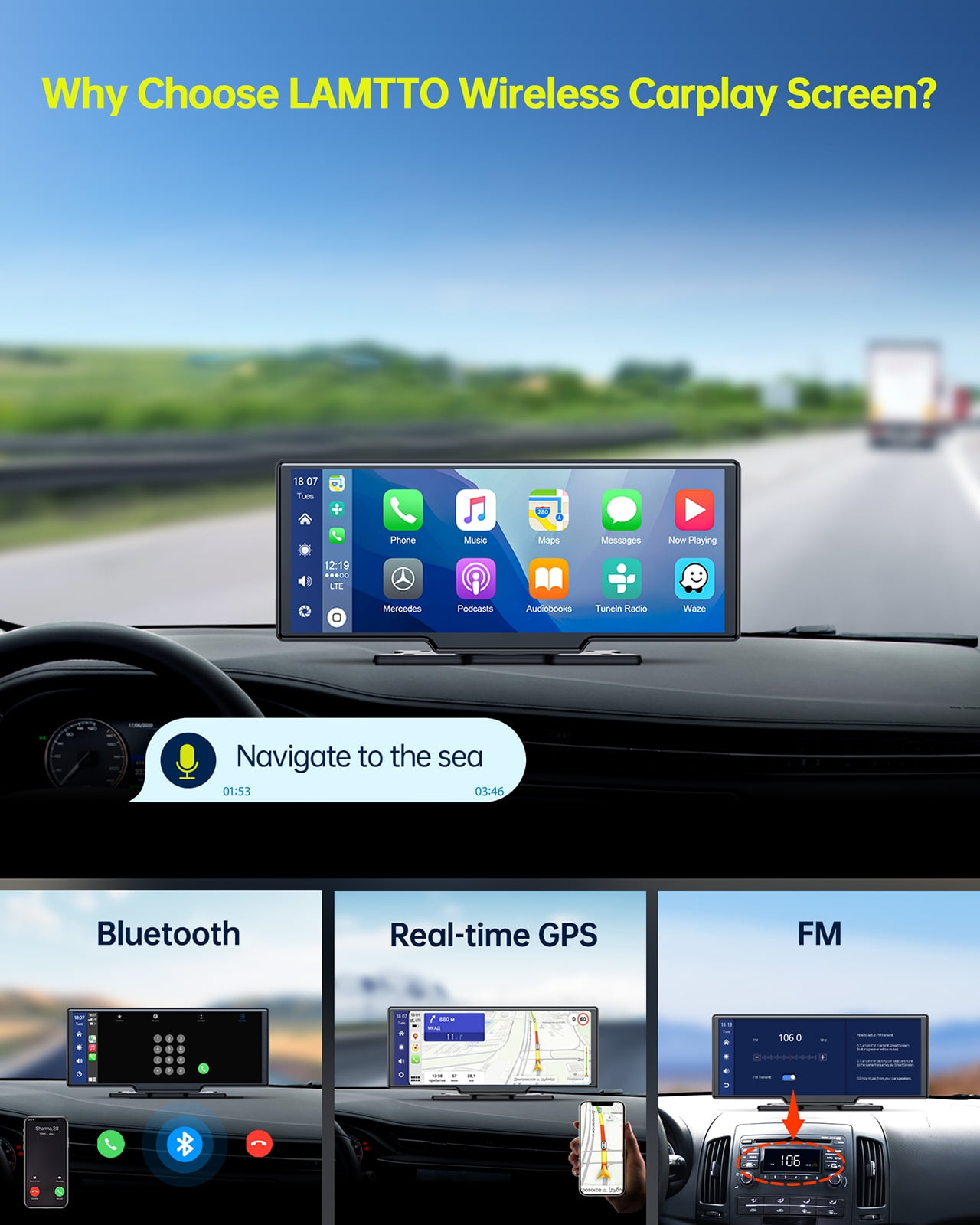 LAMTTO 9.26 Wireless Car Stereo Apple Carplay with 2K Dash Cam