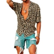 Men's Short Sleeve Leopard Print Button Down Casual Loose Beach Vacation Shirt