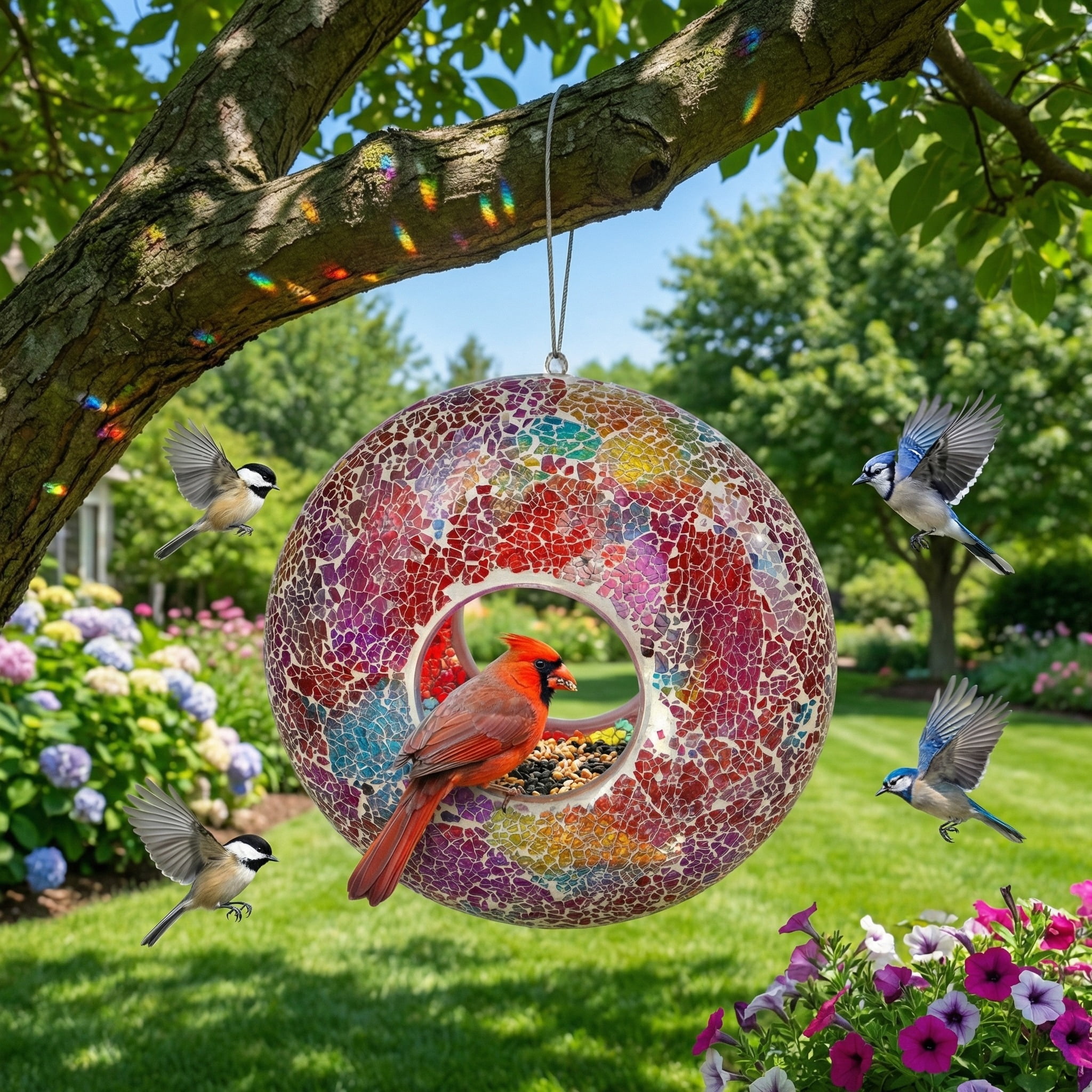 Topadorn Bird Feeders for Outdoors Hanging Bird Feeder, Wild Bird Seed for Outside Feeders and Garden Decoration Yard for Bird Watchers, Red Glass Mosaic, 9" H