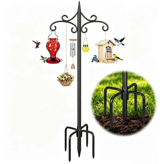 Heavy Duty Double Shepherd Hooks for Outdoor with 5-Prong Base, 88inch Adjustable Decorative Metal Bird Feeder Pole for Hanging Bird Nests, Plant Baskets, Solar Lights, Lanterns