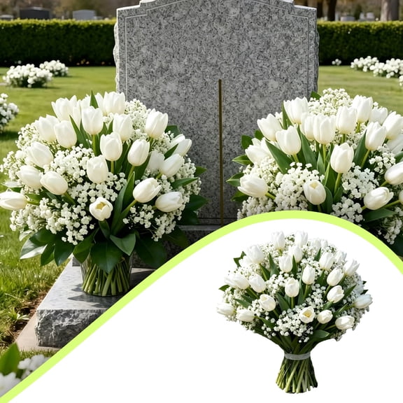 OXUIEW Memorial Flower Arrangement, White Cemetery Artificial Flowers With, Easy to Arrange for Grave (White)