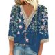 thumbnail image 1 of Camisa de Mujer blusa SCZ casual manga 3/4 adornos de encaje estampado cuello en V azul oscuro XL, 1 of 3
